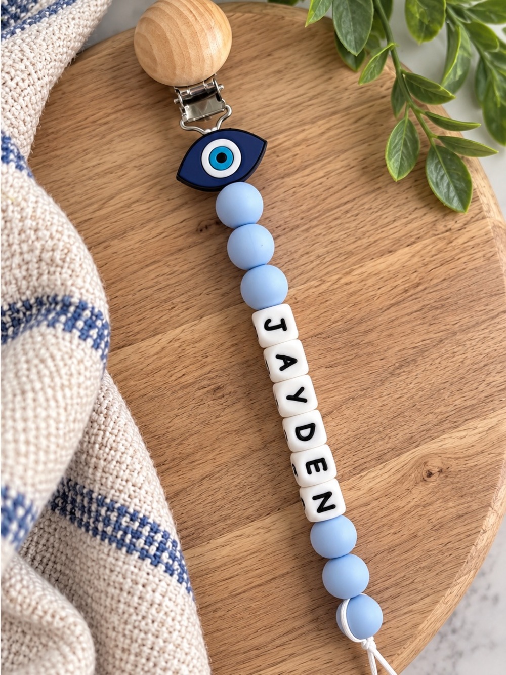 Personalized Baby Pacifier Clip with Blue Beads & Evil Eye Charm